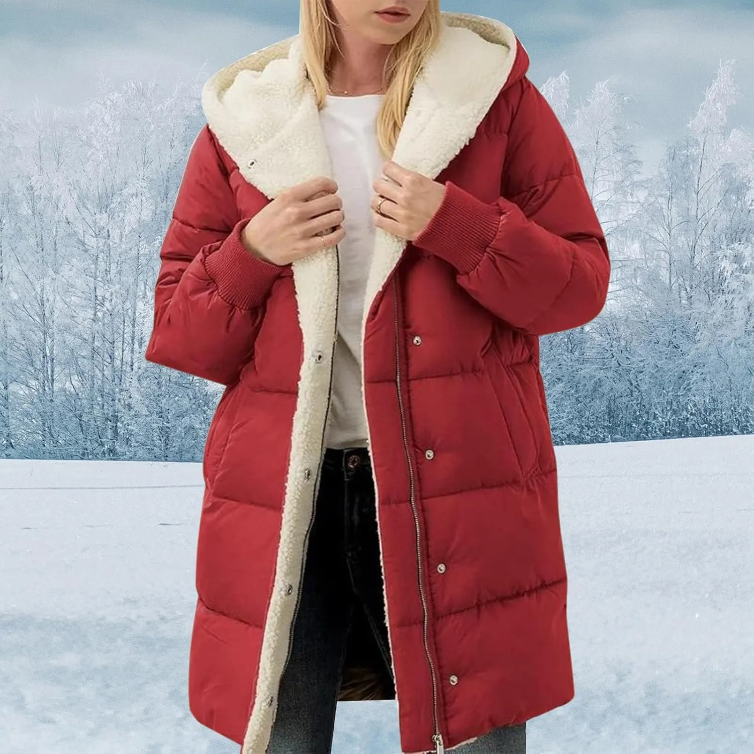 2024 Temperament Solid Thick Jacket for Womens Long Sleeve Hooded Coat Warm Soft Lightweight Outwear Winter Clothes