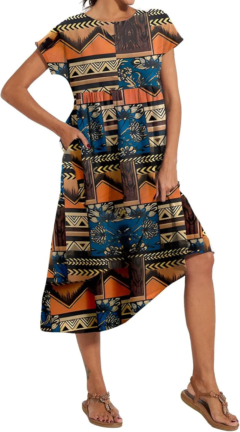 Baggy Crew Neck Dress for Women Cotton Linen Short Sleeve Tunic Midi Dresses Summer Casual Comfy Beach Dress Pockets