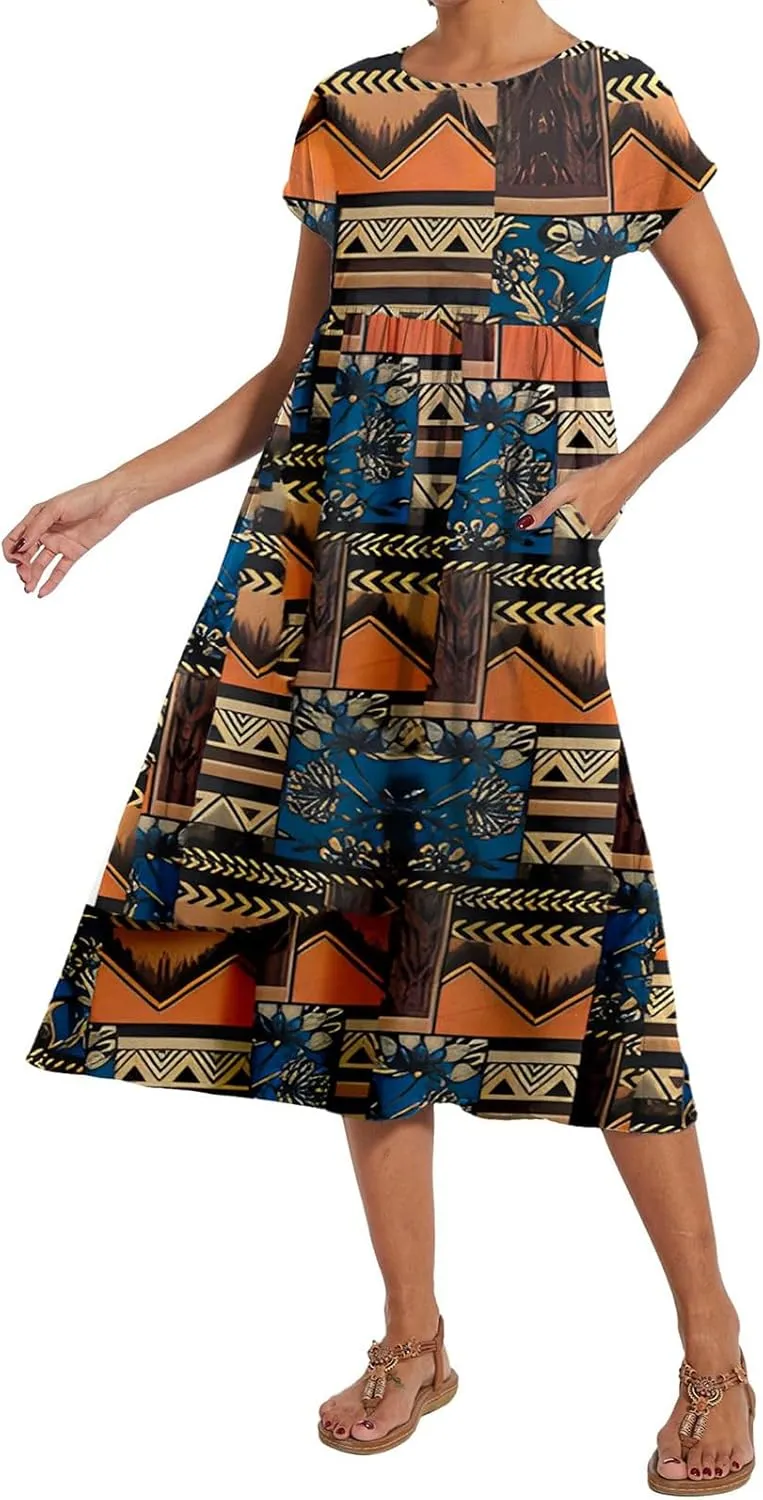 Baggy Crew Neck Dress for Women Cotton Linen Short Sleeve Tunic Midi Dresses Summer Casual Comfy Beach Dress Pockets