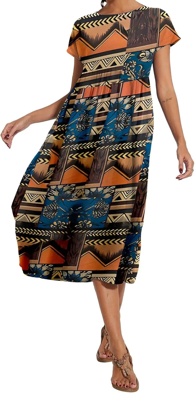 Baggy Crew Neck Dress for Women Cotton Linen Short Sleeve Tunic Midi Dresses Summer Casual Comfy Beach Dress Pockets
