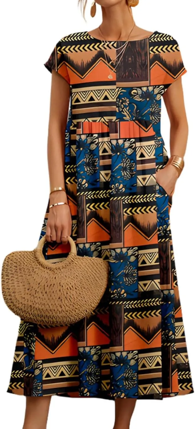 Baggy Crew Neck Dress for Women Cotton Linen Short Sleeve Tunic Midi Dresses Summer Casual Comfy Beach Dress Pockets