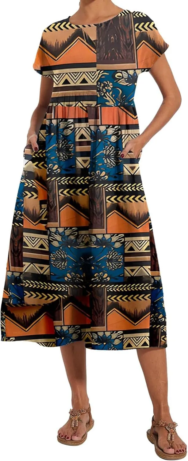 Baggy Crew Neck Dress for Women Cotton Linen Short Sleeve Tunic Midi Dresses Summer Casual Comfy Beach Dress Pockets