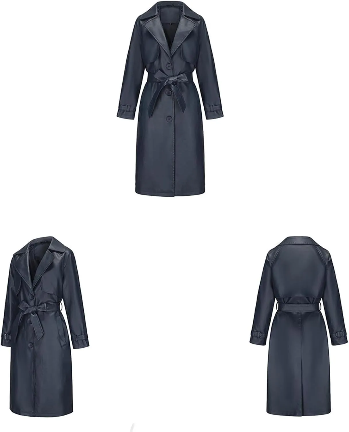 Coats for Women Trendy Leather Jacket Elegant Notched Lapel Single-Breasted PU Overcoat Fall Long Peacoat with Belt