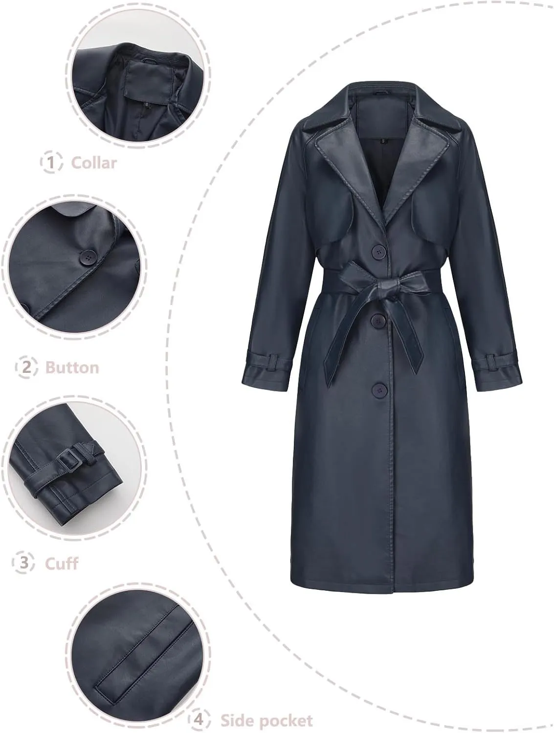 Coats for Women Trendy Leather Jacket Elegant Notched Lapel Single-Breasted PU Overcoat Fall Long Peacoat with Belt
