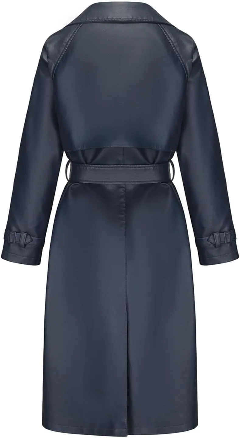 Coats for Women Trendy Leather Jacket Elegant Notched Lapel Single-Breasted PU Overcoat Fall Long Peacoat with Belt