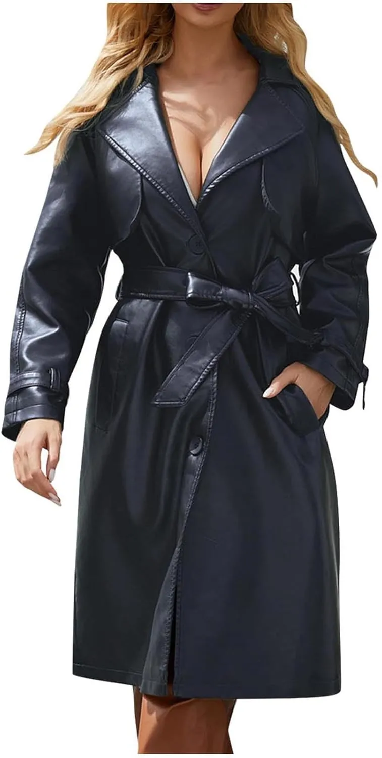 Coats for Women Trendy Leather Jacket Elegant Notched Lapel Single-Breasted PU Overcoat Fall Long Peacoat with Belt