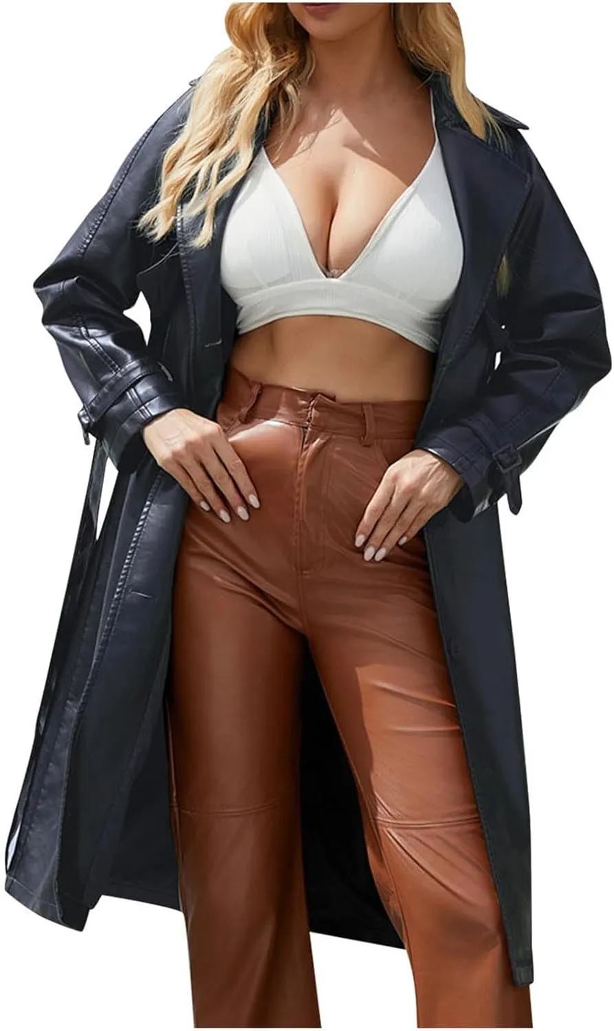 Coats for Women Trendy Leather Jacket Elegant Notched Lapel Single-Breasted PU Overcoat Fall Long Peacoat with Belt