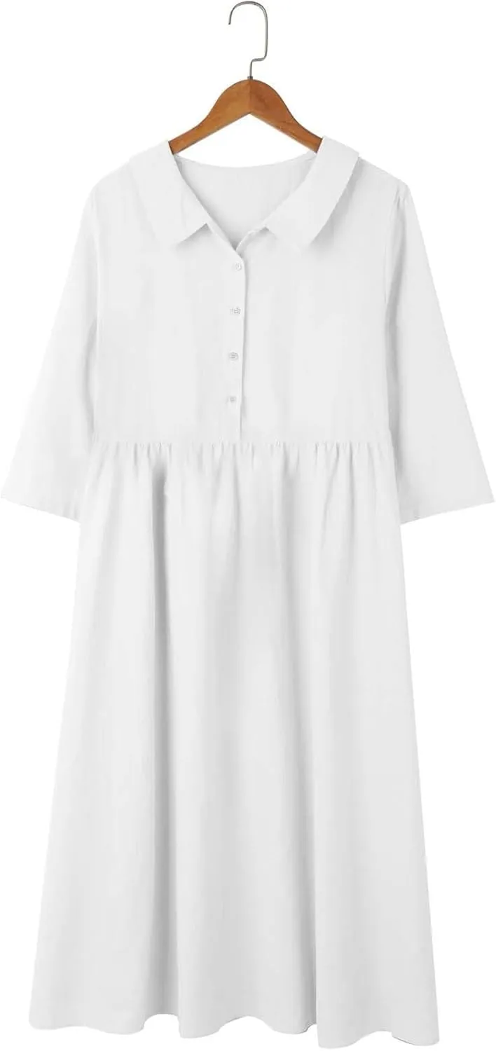 Cotton Linen Dresses for Women 2025 Casual Summer Sleeveless Button Down Dresses Loose Fit Turn Down Neck Sundress