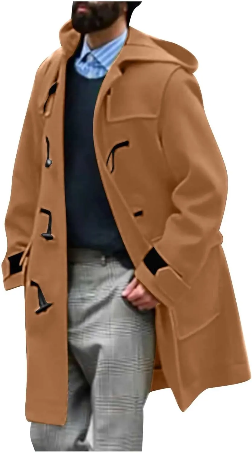 Dgoopd Men's Wool Blend Trench Coat Double Breasted Peacoat Notch Lapel Jacket Big and Tall Winter Coats Plus Size Overcoat