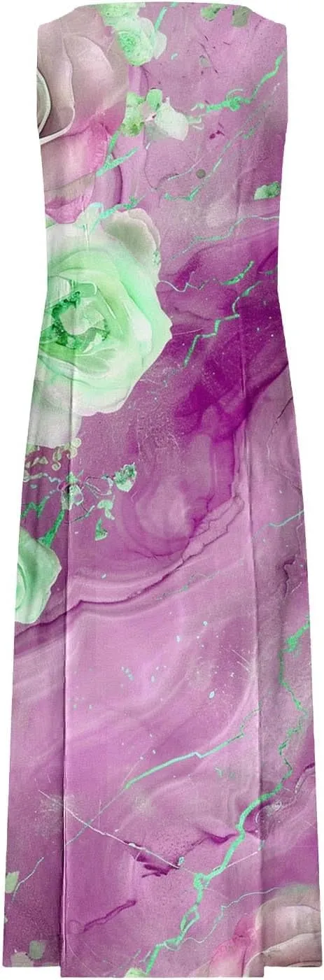 Finelylove Maxi Summer Dresses for Women Sleeveless Cotton Linen Boho Dress Loose Fit Floral Tank Dress Long Sundress Spring