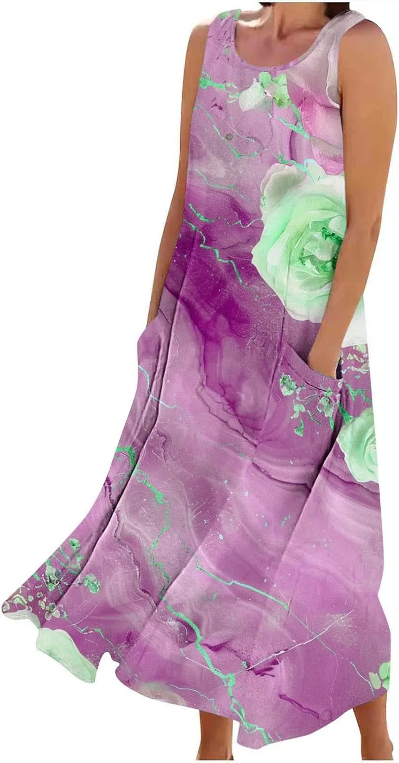 Finelylove Maxi Summer Dresses for Women Sleeveless Cotton Linen Boho Dress Loose Fit Floral Tank Dress Long Sundress Spring