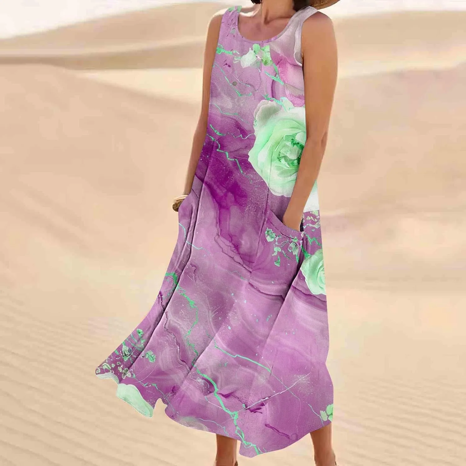 Finelylove Maxi Summer Dresses for Women Sleeveless Cotton Linen Boho Dress Loose Fit Floral Tank Dress Long Sundress Spring