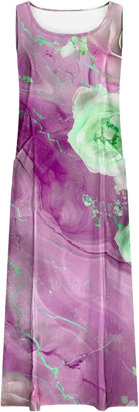 Finelylove Maxi Summer Dresses for Women Sleeveless Cotton Linen Boho Dress Loose Fit Floral Tank Dress Long Sundress Spring