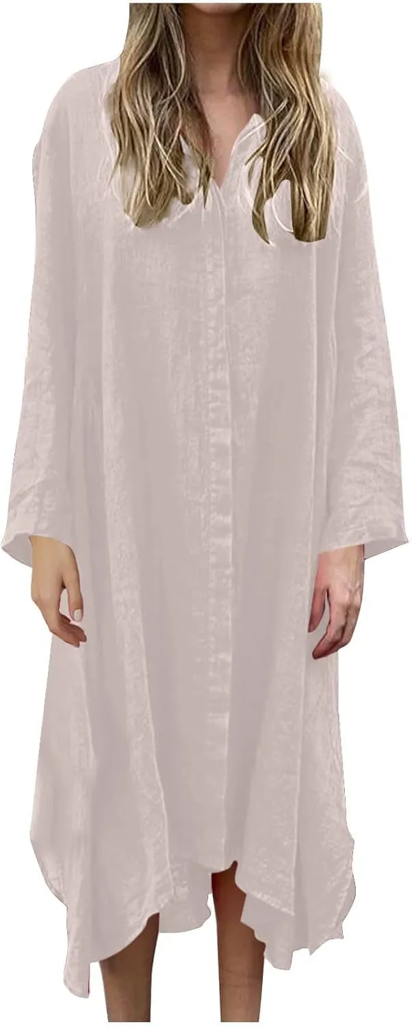 Finelylove Womens Summer Maxi Dresses 2025 Long Sleeve Button Down Shirt Dress Plus Size Cotton Linen Beach Vacation Dress