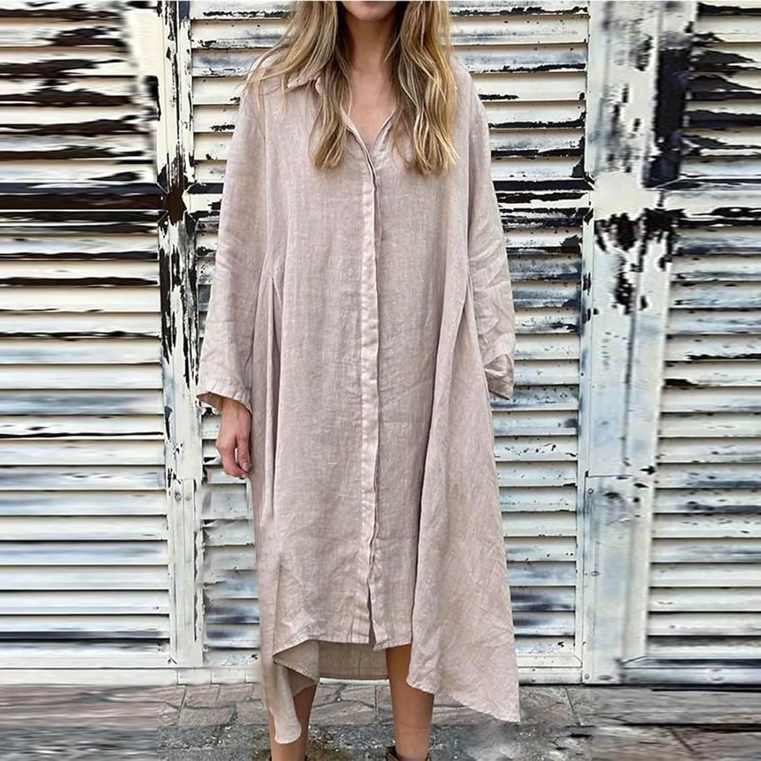 Finelylove Womens Summer Maxi Dresses 2025 Long Sleeve Button Down Shirt Dress Plus Size Cotton Linen Beach Vacation Dress