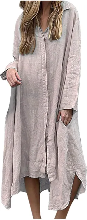 Finelylove Womens Summer Maxi Dresses 2025 Long Sleeve Button Down Shirt Dress Plus Size Cotton Linen Beach Vacation Dress
