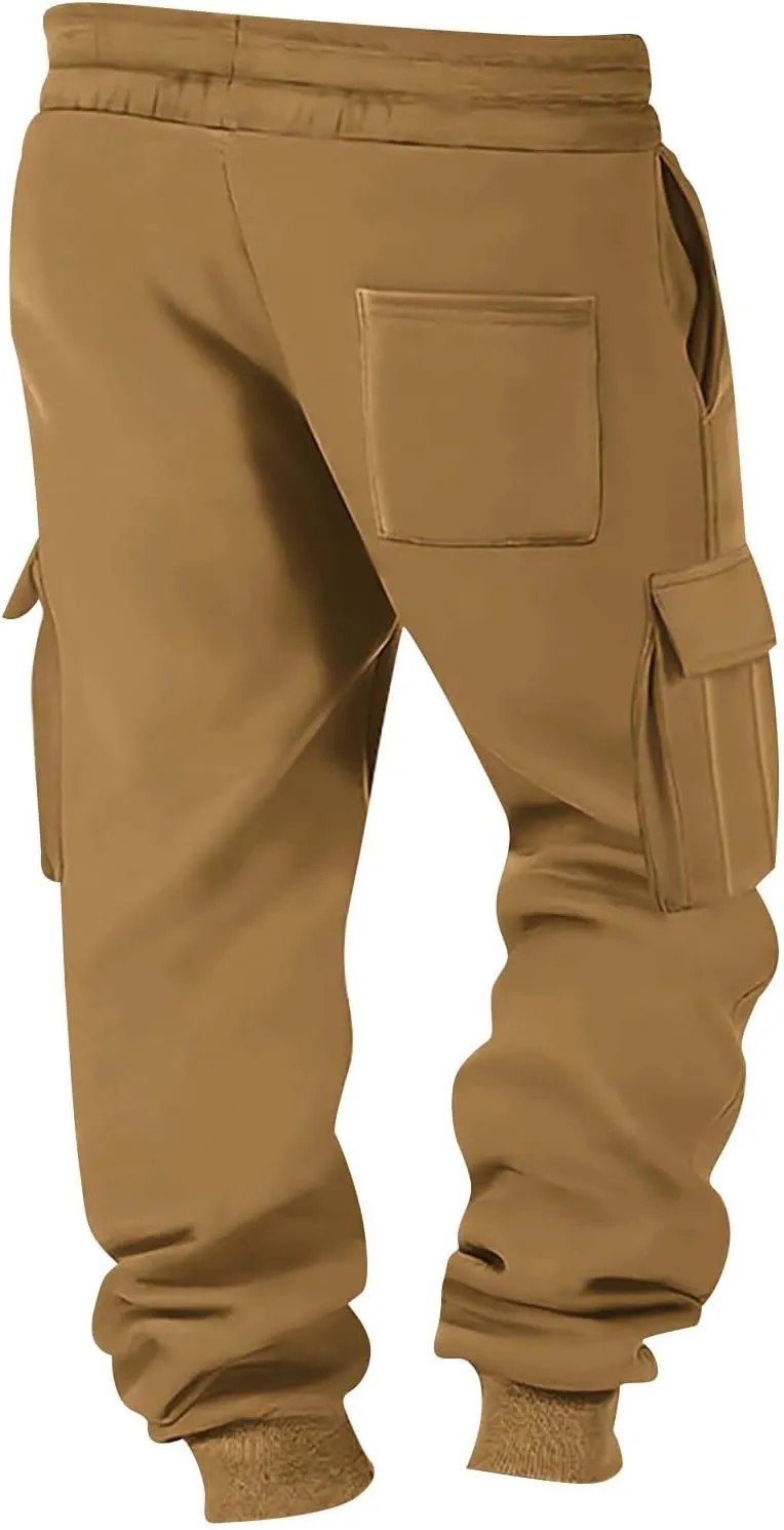 Fleece Lined Cargo Sweatpants for Men Baggy Drawstring Waist Joggers with Pockets Gym Workout Heavyweight Trousers