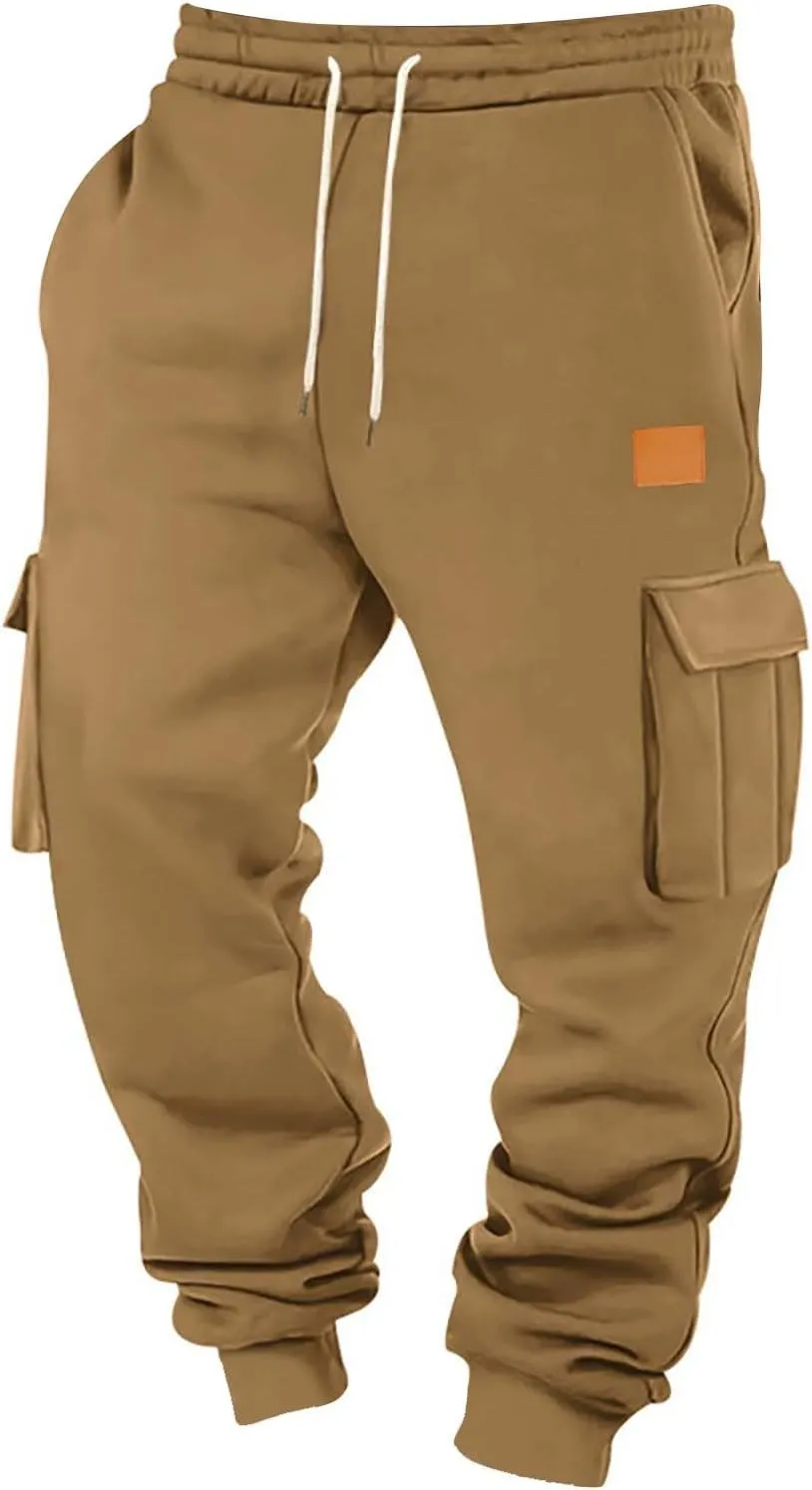 Fleece Lined Cargo Sweatpants for Men Baggy Drawstring Waist Joggers with Pockets Gym Workout Heavyweight Trousers