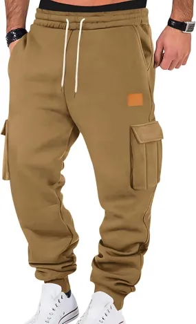 Fleece Lined Cargo Sweatpants for Men Baggy Drawstring Waist Joggers with Pockets Gym Workout Heavyweight Trousers