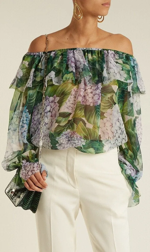 Hydrangea Print Off-The-Shoulder Silk Chiffon Blouse