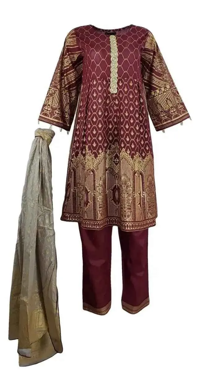 IshDeena Pakistani Dresses for Women Ready to Wear Salwar, Kameez & Dupatta Ladies Suit - Three Piece Printed ( Maroon - RBP-vol1)