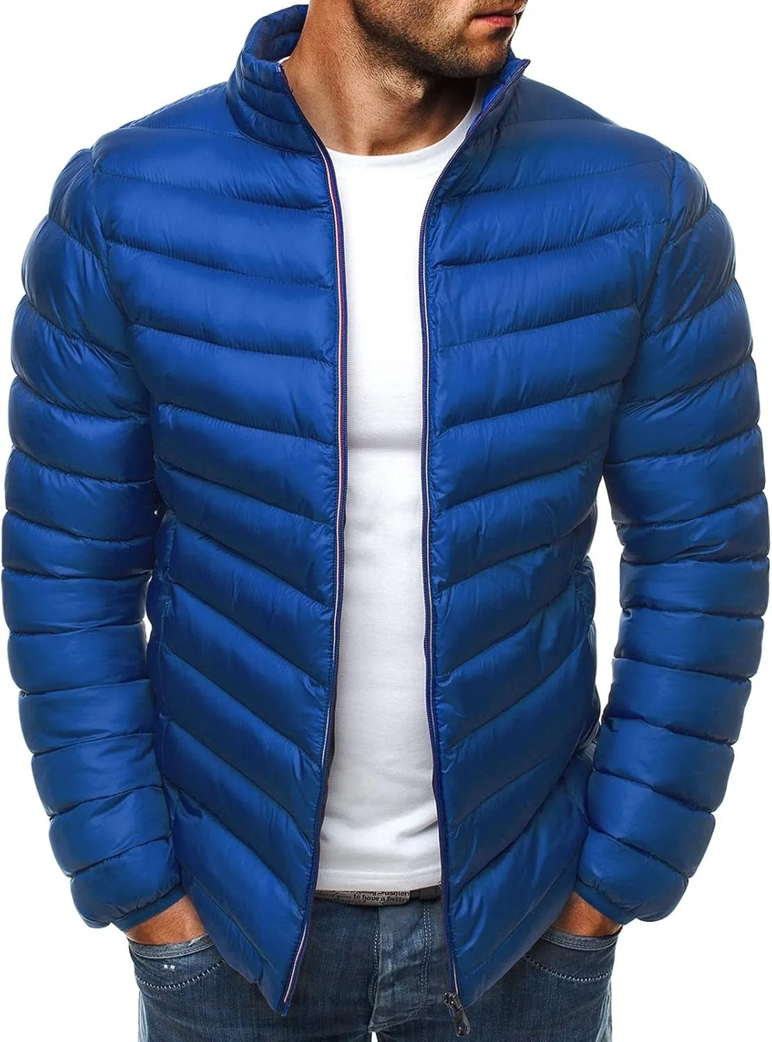 JEsilunmaMY Men's Stand Collar Puffer Down Jacket Lightweight Full Zip Packable Winter Jacket Solid Color Windproof Warm Coat