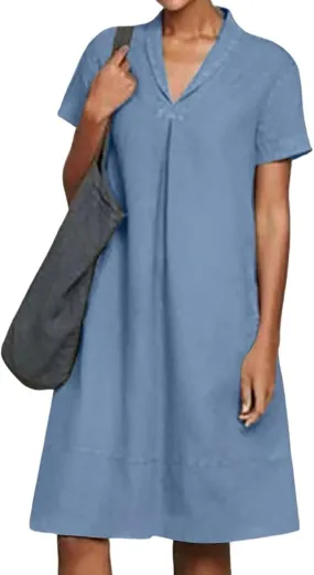 Linen Dresses for Women 2025 Casual Short Sleeve Tshirt Round Neck Dress Oversized Loose Elegant Slim Fit Mini Dress