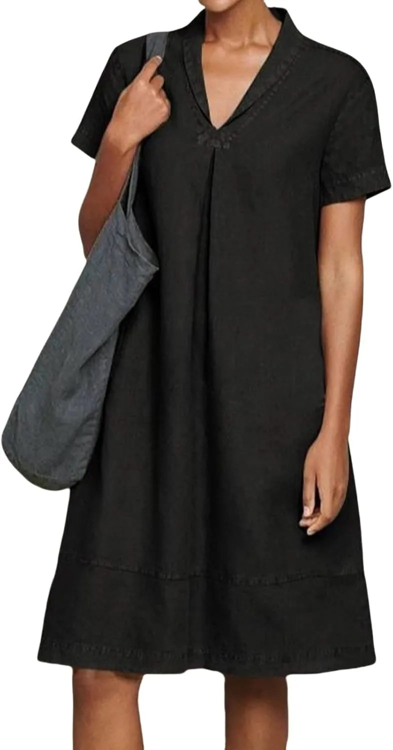 Linen Dresses for Women 2025 Casual Short Sleeve Tshirt Round Neck Dress Oversized Loose Elegant Slim Fit Mini Dress