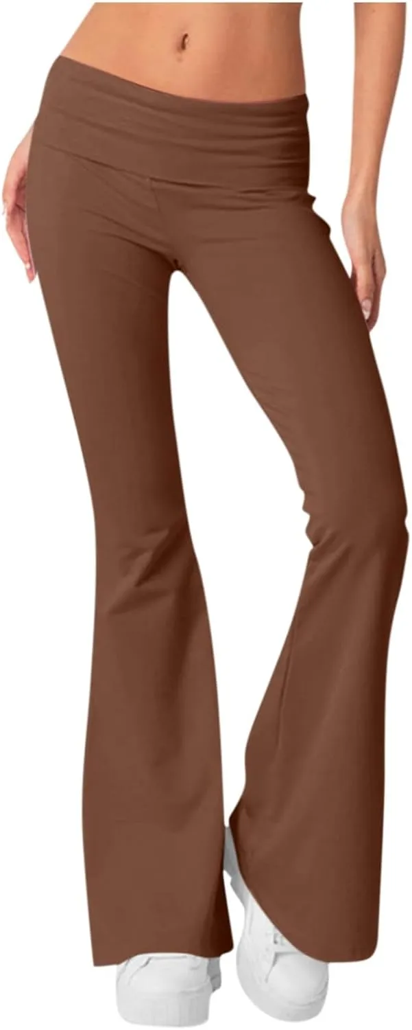 Low Rise Flared Leggings for Women Comfy Fold Over Flare Yoga Pants Gym Leggings Bell Bottom Workout Leggings