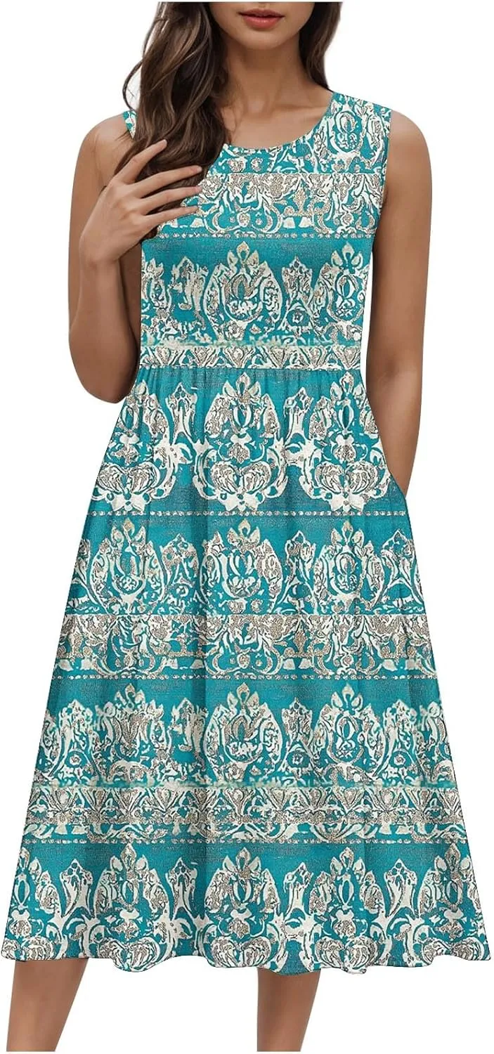 Maxi Dress for Women Sleeveless Vintage Floral Dress Spring Summer Dresses Beach Vacation Sundress Cruise Outfits
