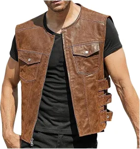 Mens Adjustable Sleeveless Leather Vest Zip Up Motorcycle Biker Jacket for Men Vintage Stylish Riding Club Punk Vests