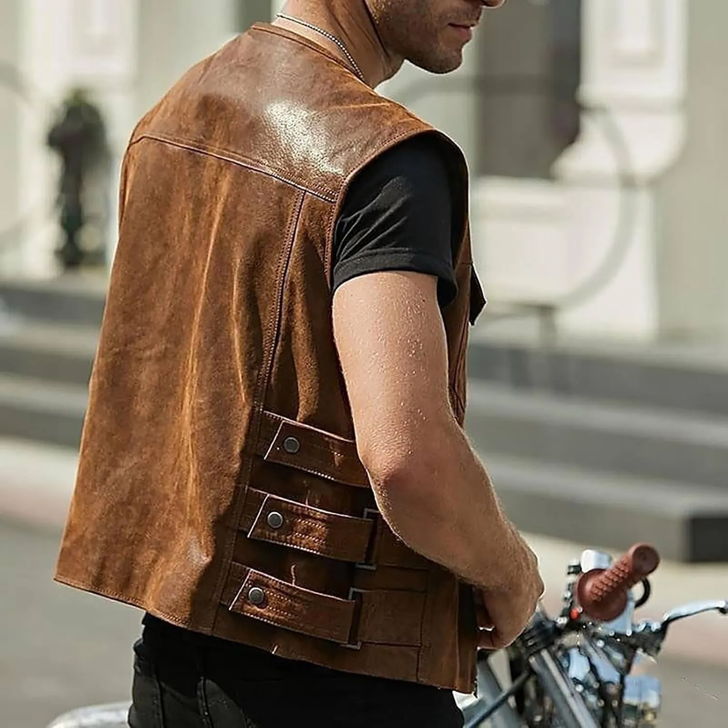 Mens Adjustable Sleeveless Leather Vest Zip Up Motorcycle Biker Jacket for Men Vintage Stylish Riding Club Punk Vests