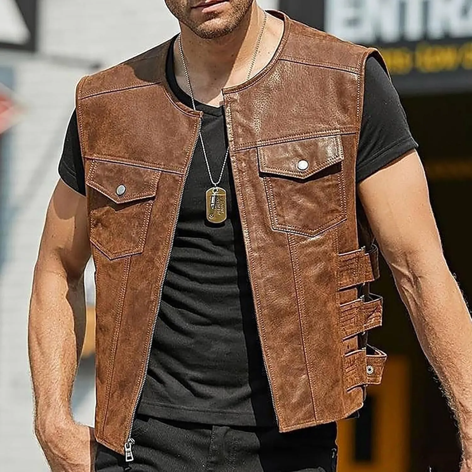 Mens Adjustable Sleeveless Leather Vest Zip Up Motorcycle Biker Jacket for Men Vintage Stylish Riding Club Punk Vests