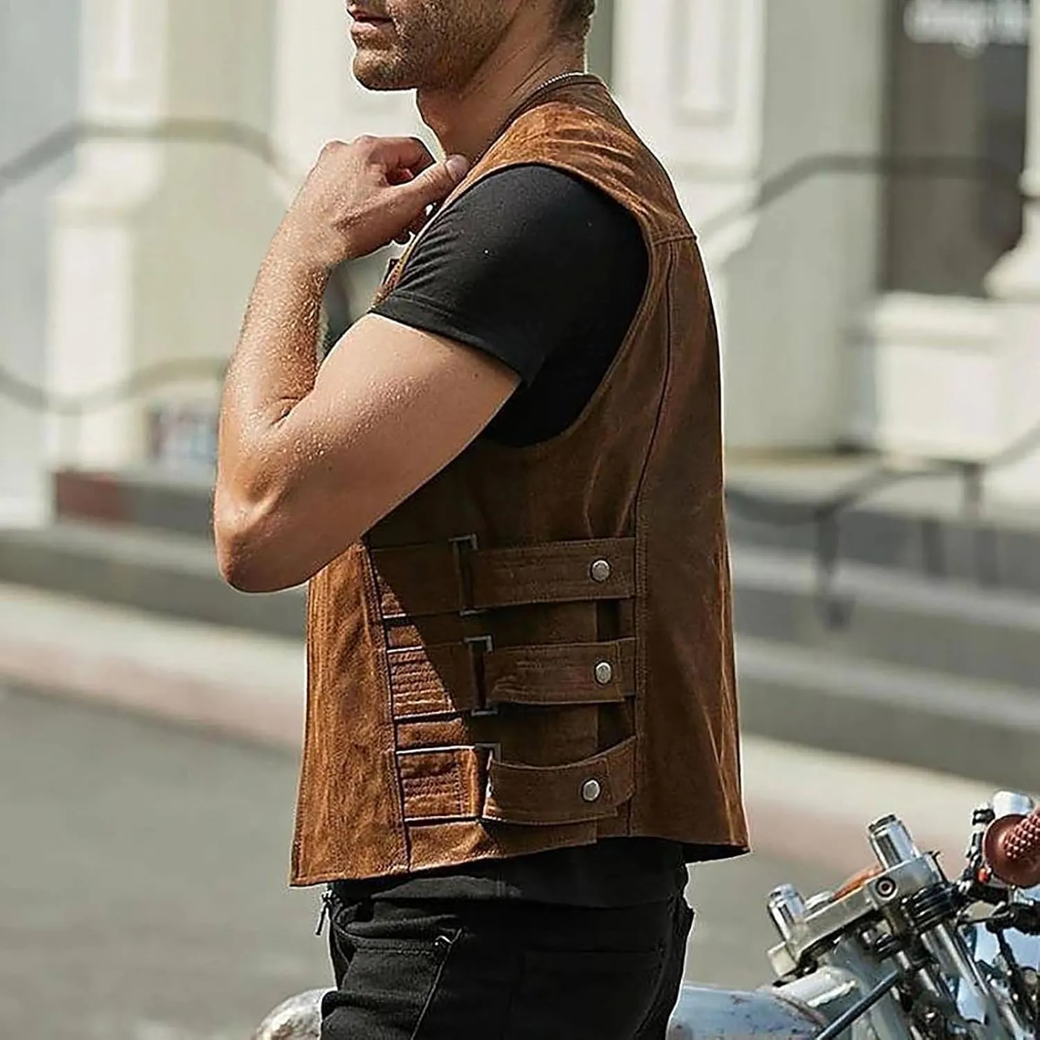 Mens Adjustable Sleeveless Leather Vest Zip Up Motorcycle Biker Jacket for Men Vintage Stylish Riding Club Punk Vests
