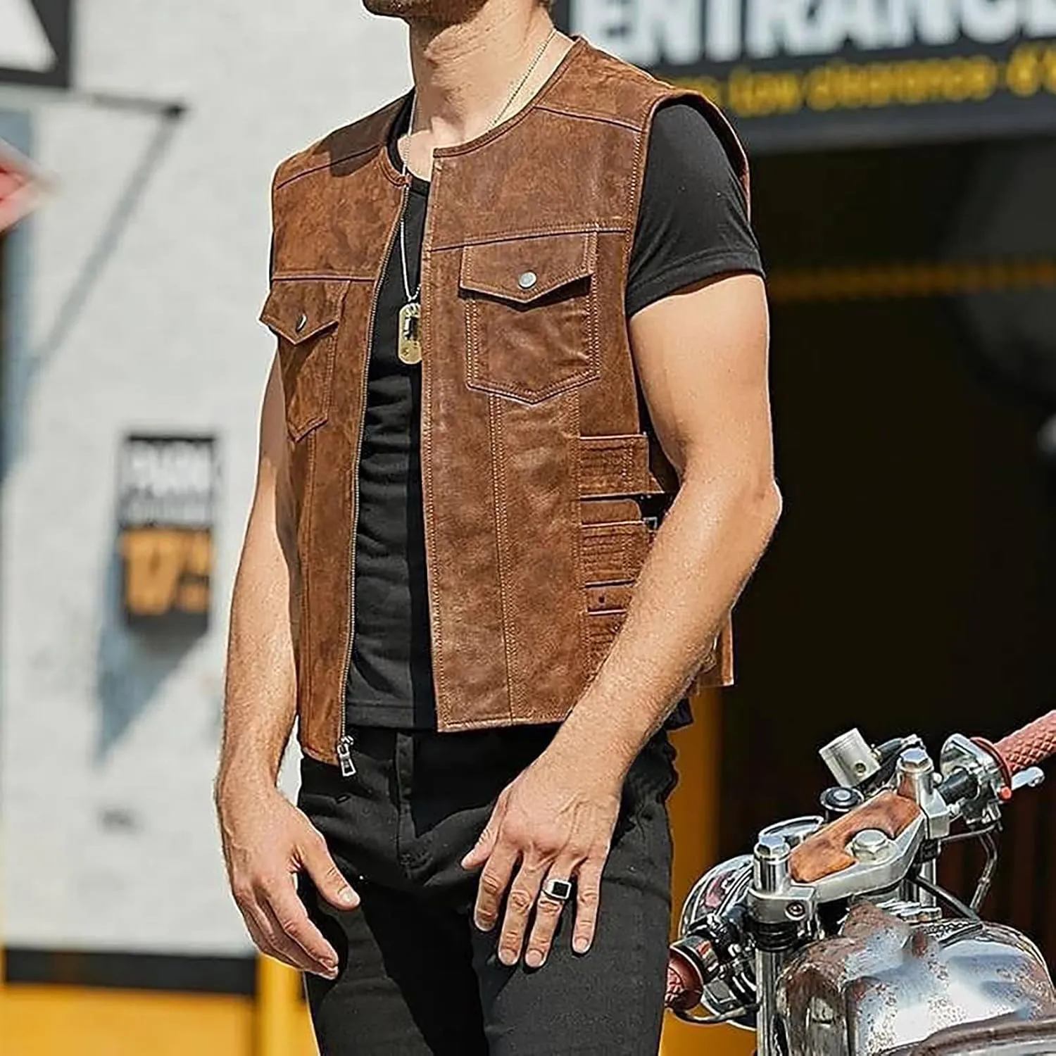 Mens Adjustable Sleeveless Leather Vest Zip Up Motorcycle Biker Jacket for Men Vintage Stylish Riding Club Punk Vests