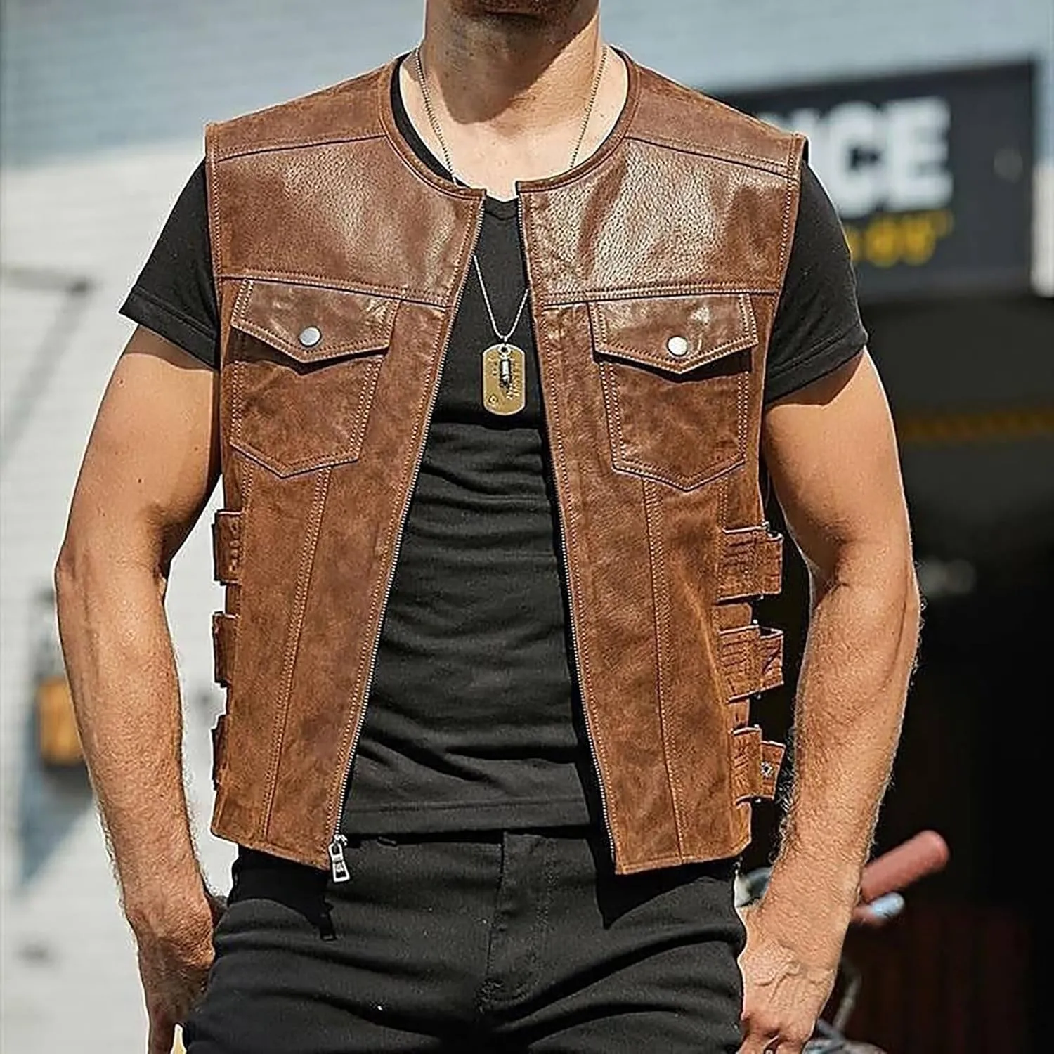 Mens Adjustable Sleeveless Leather Vest Zip Up Motorcycle Biker Jacket for Men Vintage Stylish Riding Club Punk Vests