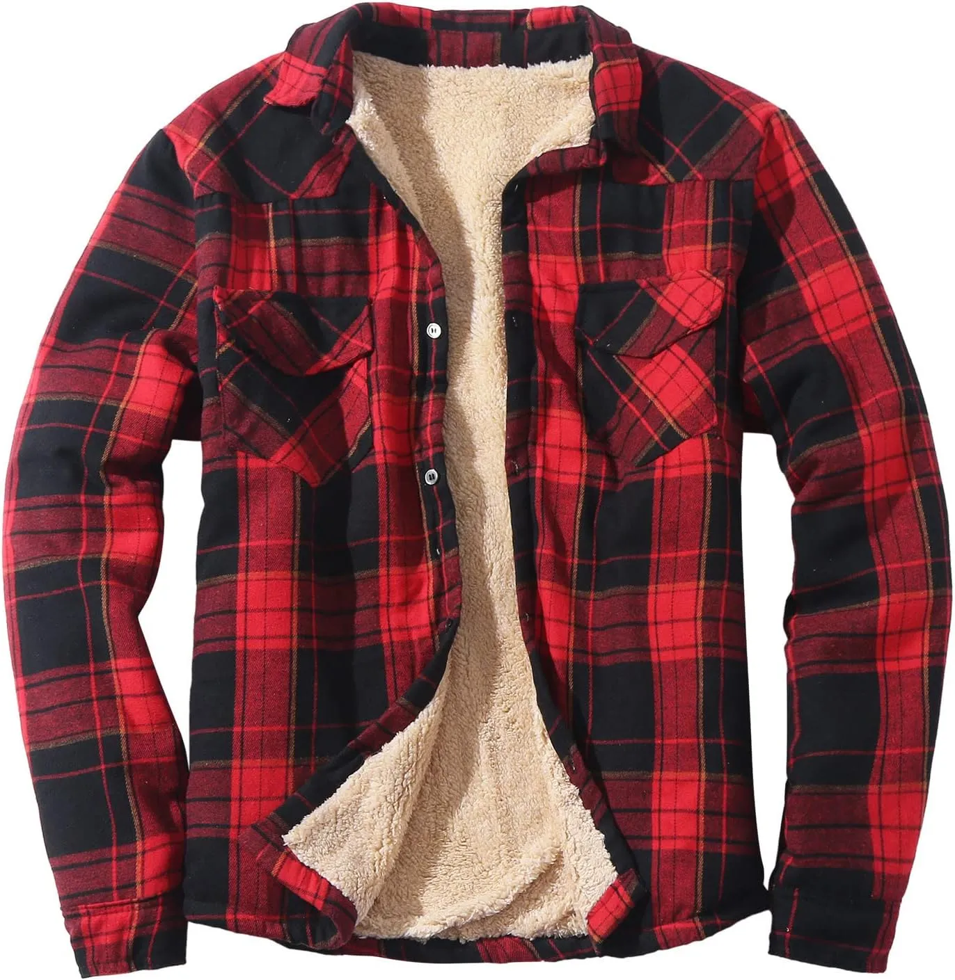 Mens Fleece Lined Plaid Jacket Long Sleeve Flannel Shirts Button Down Collared Shirt with Front Pocket Checked Jacke
