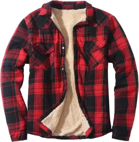 Mens Fleece Lined Plaid Jacket Long Sleeve Flannel Shirts Button Down Collared Shirt with Front Pocket Checked Jacke