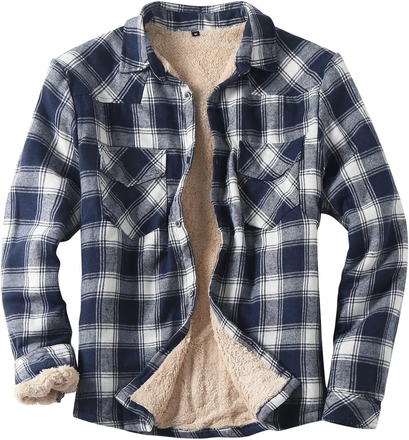 Mens Fleece Lined Plaid Jacket Long Sleeve Flannel Shirts Button Down Collared Shirt with Front Pocket Checked Jacke