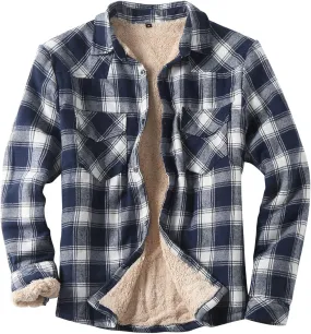 Mens Fleece Lined Plaid Jacket Long Sleeve Flannel Shirts Button Down Collared Shirt with Front Pocket Checked Jacke