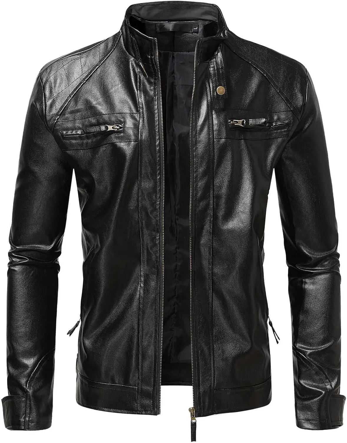 Men's Vintage Stand Collar Motorcycle Biker Jacket Casual Zip Up Moto Crop Slim Fit Winter PU Leather Jackets Coat