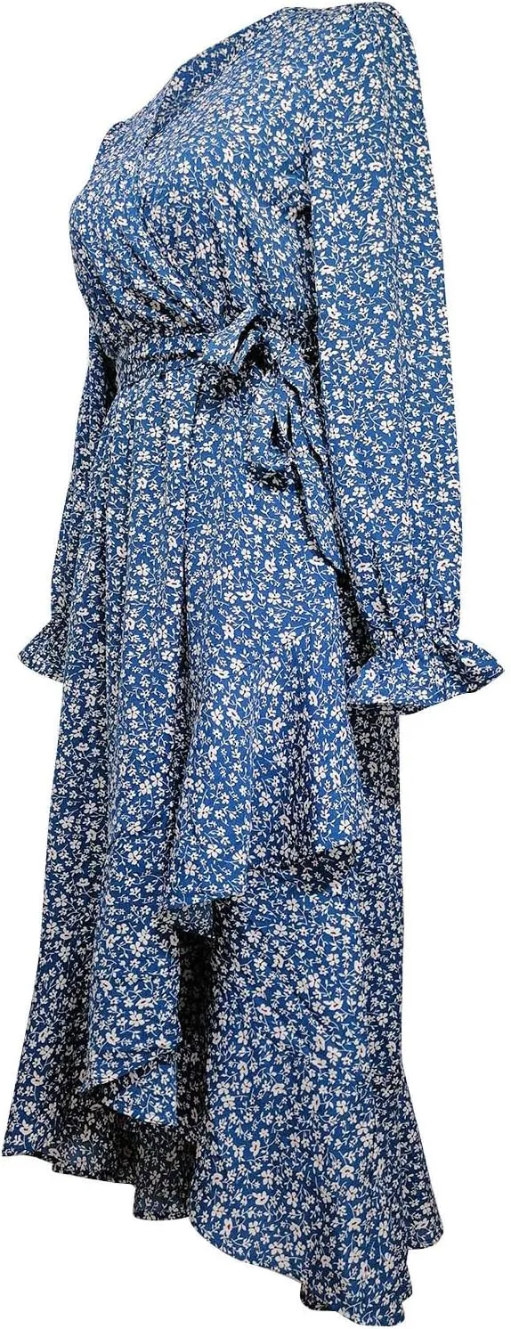 Midi Dresses for Women Casual Boho Floral V Neck Long Sleeve Long Evening Dress Cocktail Party Maxi Wedding Dresses