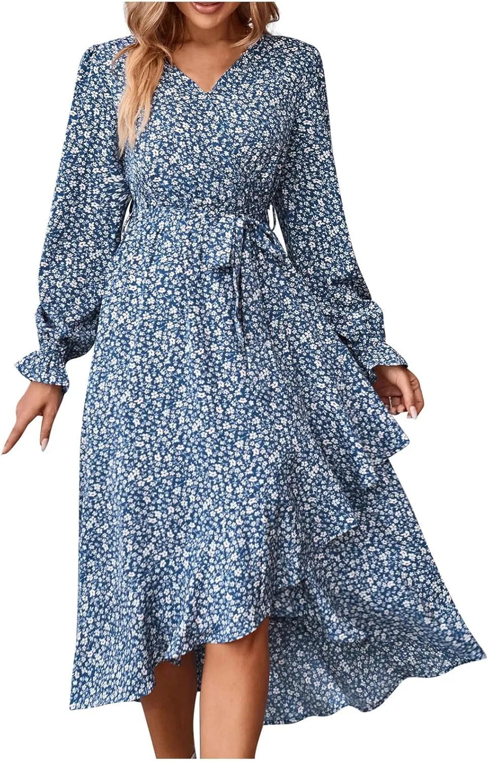 Midi Dresses for Women Casual Boho Floral V Neck Long Sleeve Long Evening Dress Cocktail Party Maxi Wedding Dresses