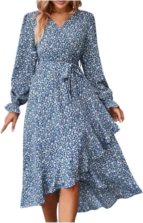 Midi Dresses for Women Casual Boho Floral V Neck Long Sleeve Long Evening Dress Cocktail Party Maxi Wedding Dresses