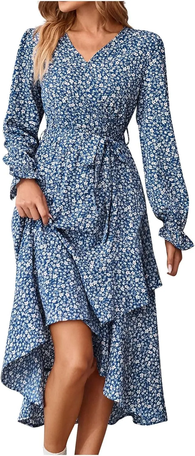 Midi Dresses for Women Casual Boho Floral V Neck Long Sleeve Long Evening Dress Cocktail Party Maxi Wedding Dresses