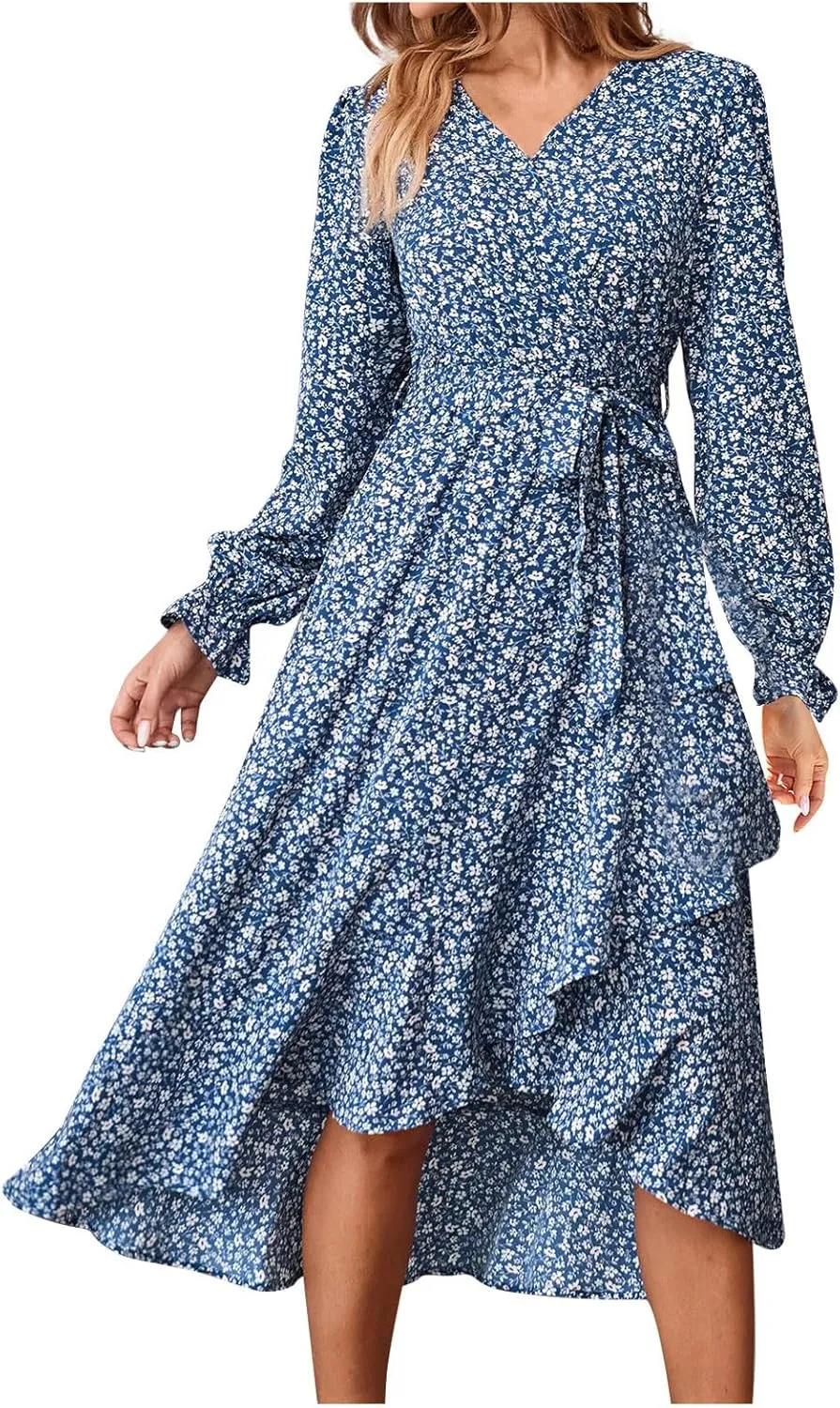 Midi Dresses for Women Casual Boho Floral V Neck Long Sleeve Long Evening Dress Cocktail Party Maxi Wedding Dresses