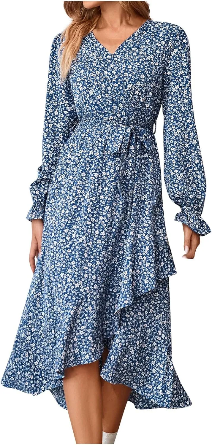 Midi Dresses for Women Casual Boho Floral V Neck Long Sleeve Long Evening Dress Cocktail Party Maxi Wedding Dresses