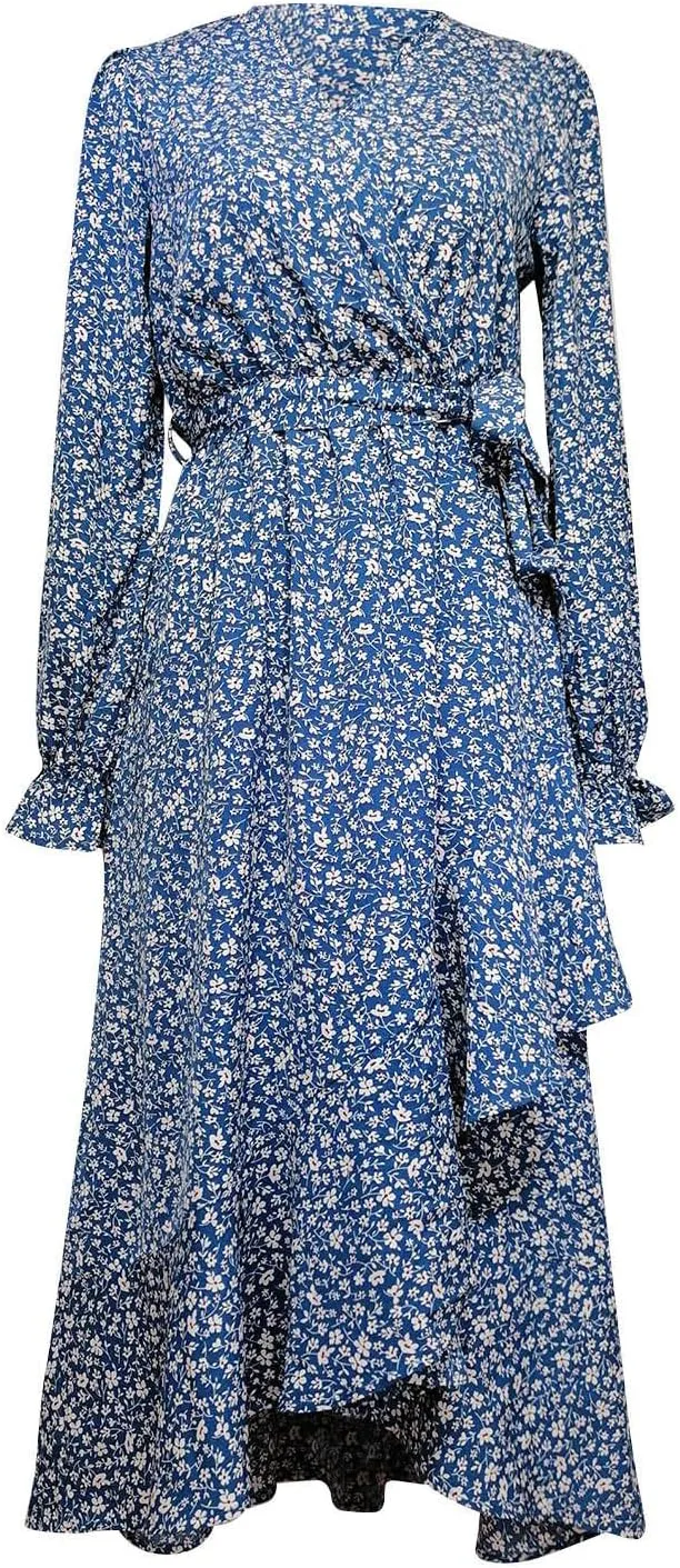 Midi Dresses for Women Casual Boho Floral V Neck Long Sleeve Long Evening Dress Cocktail Party Maxi Wedding Dresses