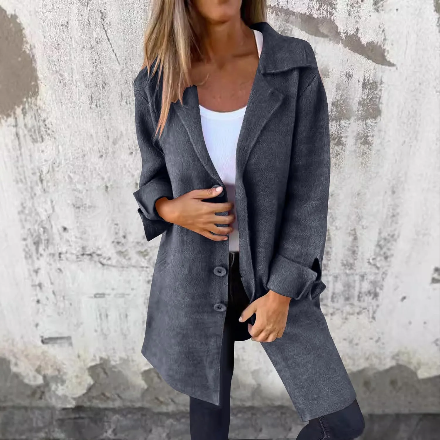Pea Coats for Women Fall Mid-Long Wool Blend Peacoat Notched Lapel Collar Single-Breasted Overcoat Plus Size Trench Coat