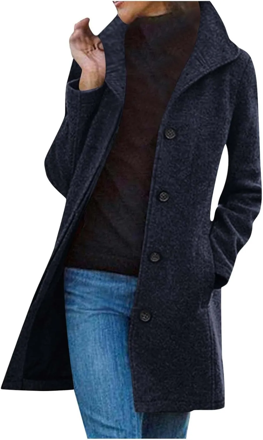 Pea Coats for Women Winter Wool Blend Trench Coat Single Breasted Mid-Thigh A-Line Pea Coat Overcoat with Pockets